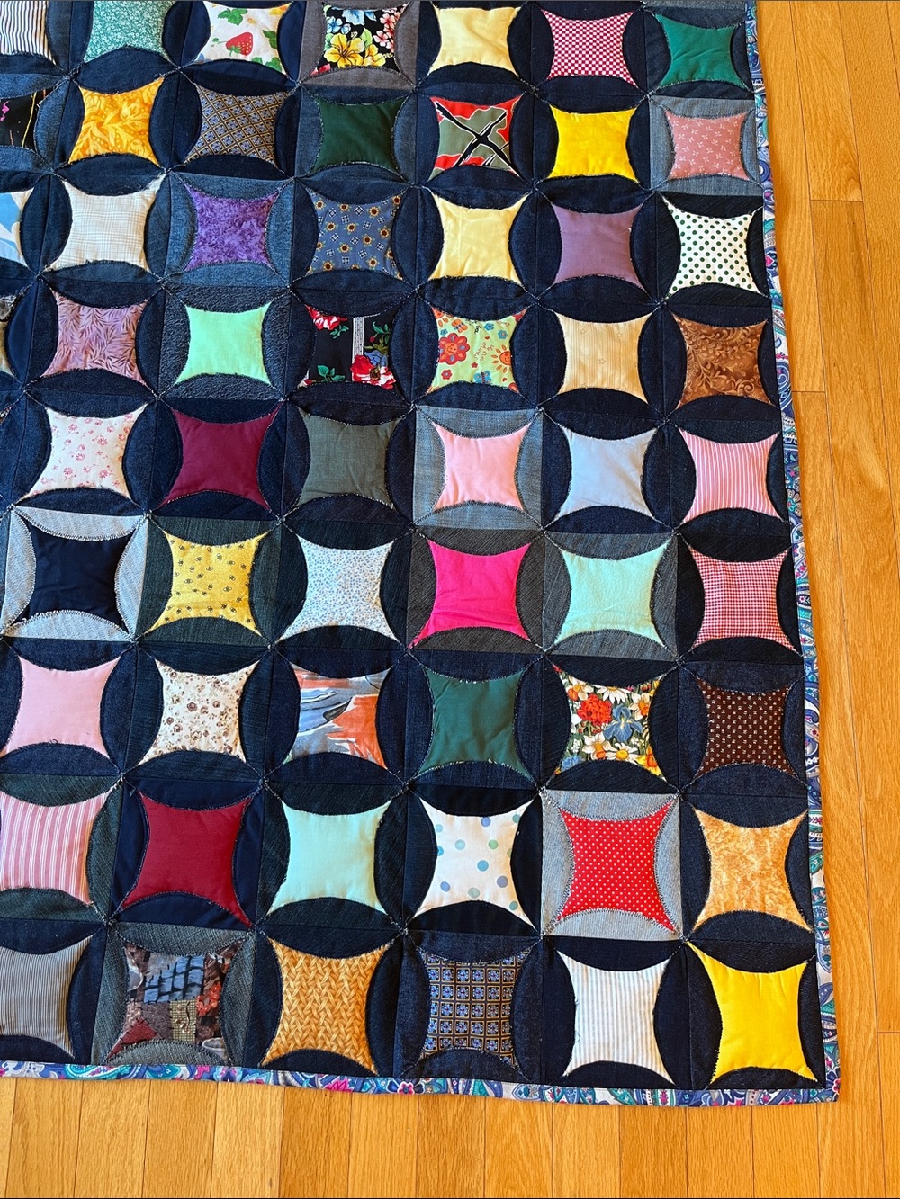Handmade Multicolor Patchwork Cathedral Window Quilt 
Denim
Reversible - Picture 2 of 10